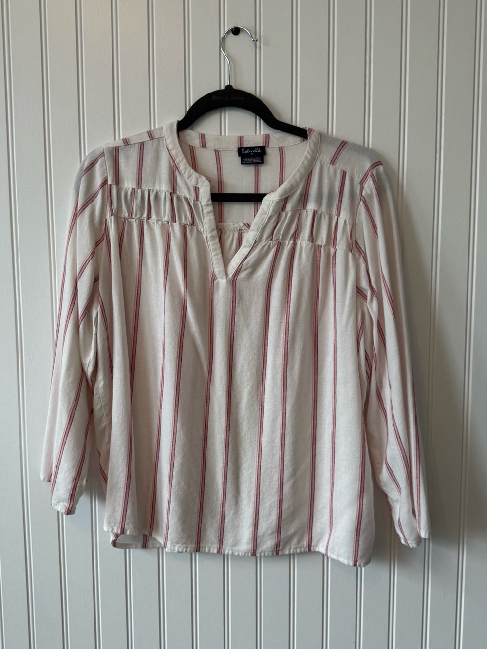 Splendid Amorosa V-Neck Smocked Yoke Striped Blouse Size M White Red Pink